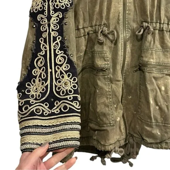 FREE PEOPLE Golden Quills Military Parka Jacket Coat Green Rhinestones M RARE - Picture 5 of 16